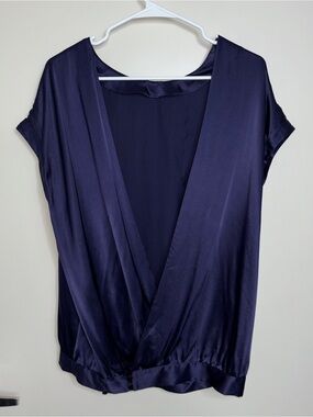 Club Monaco 100% Silk Navy Satin Surplice Wrap Blouse